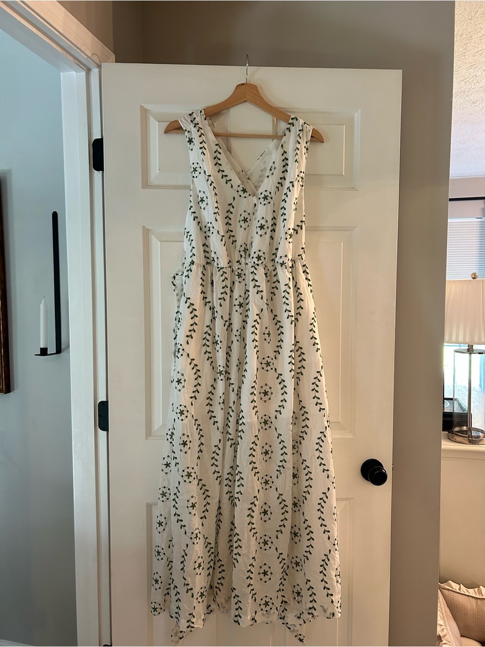 Sleeveless White Maxi Dress with Green Leaf Print